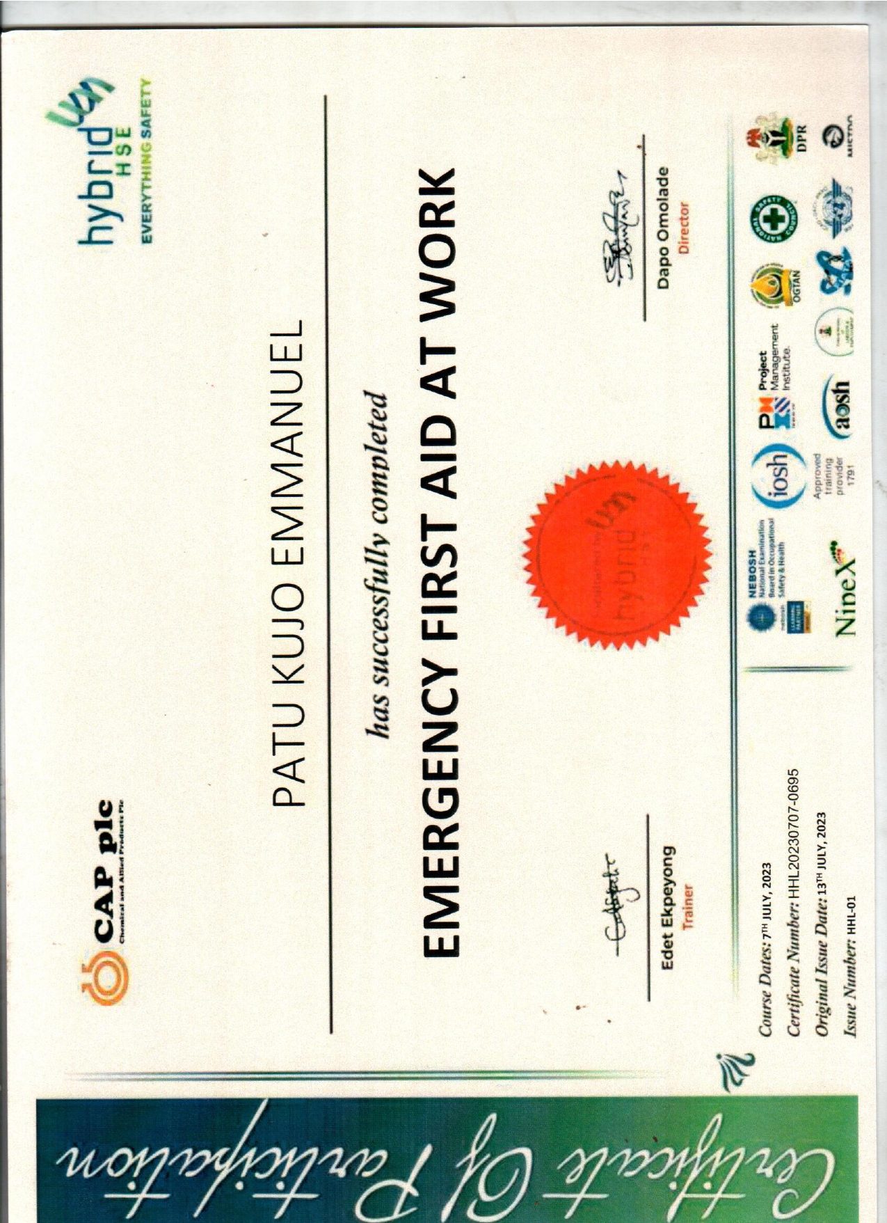Emergency First Aid at Work Certificate