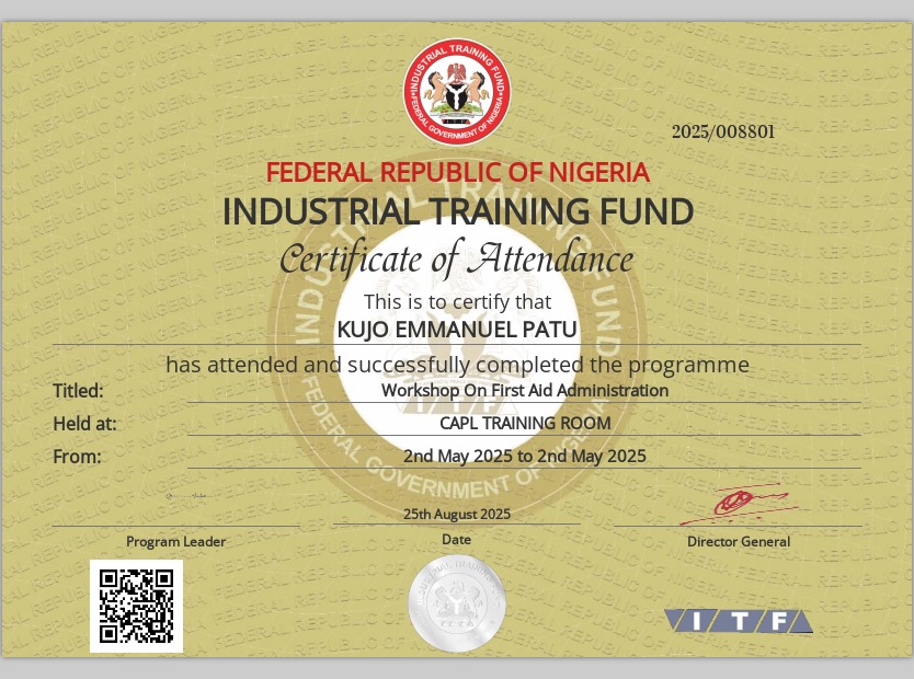 First Aid Training Certificate — ITF