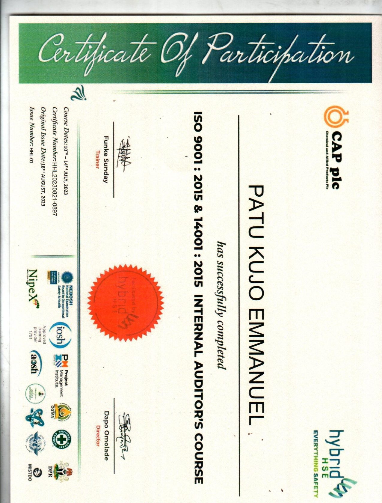 ISO 9001 & 14001 Internal Auditor Certificate