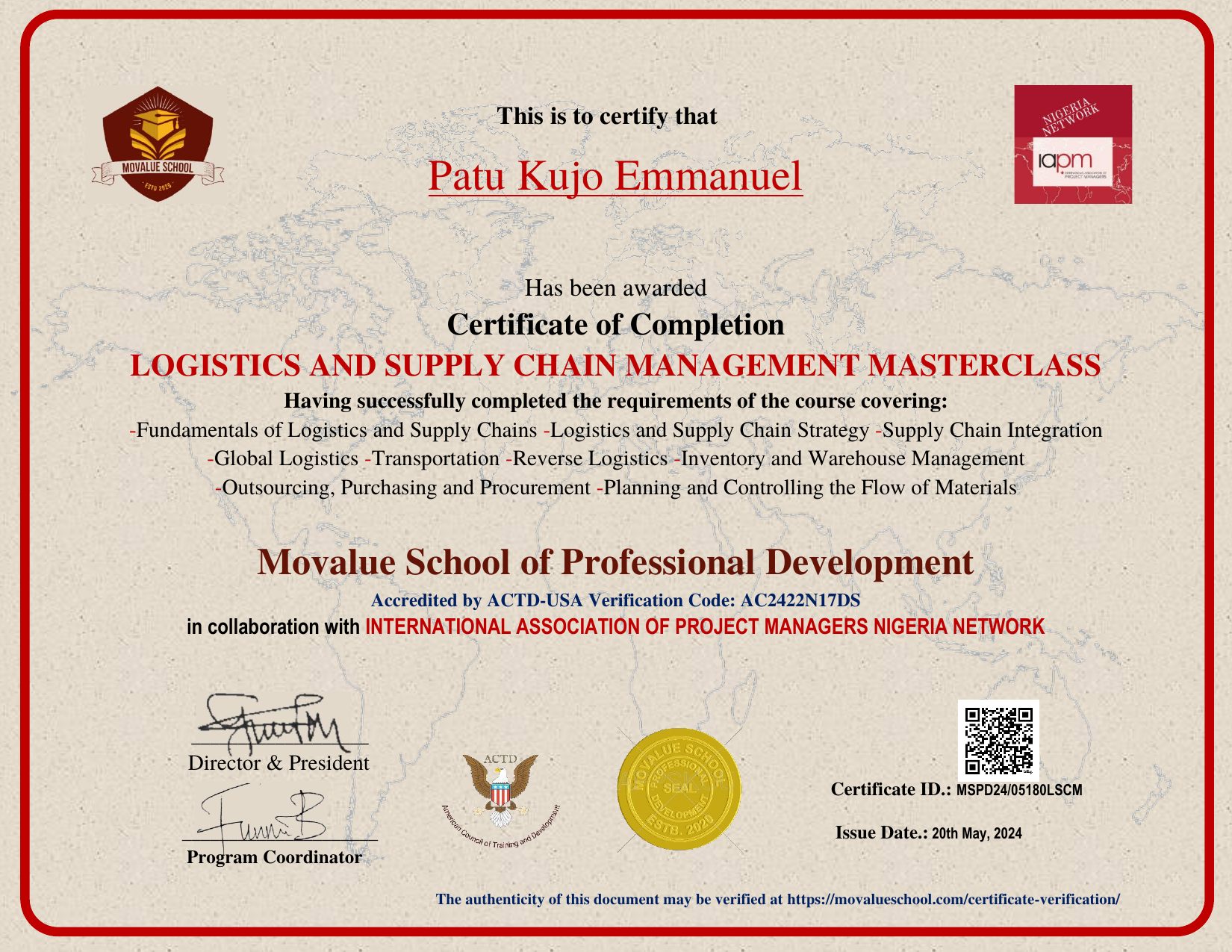 Logistics & Supply Chain Management Masterclass Certificate