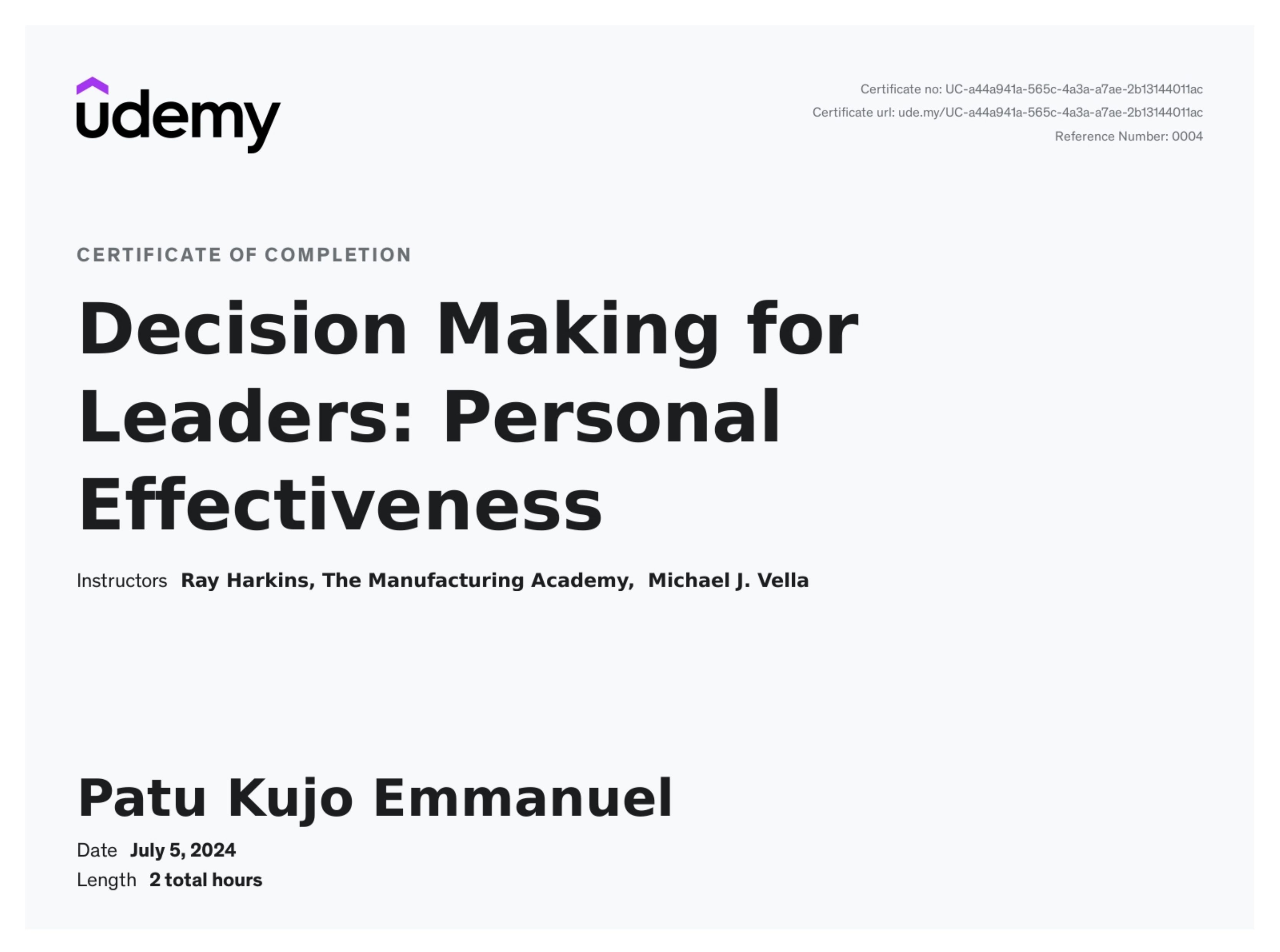 Decision Making for Leaders Certificate — Udemy